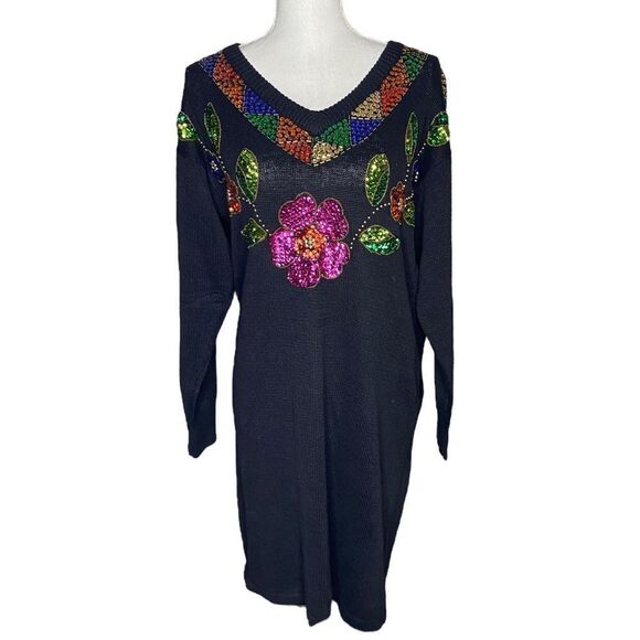 Mister Noah Black Bedazzled Floral Sequin Midi Sheath Sweater Medium Vintage - Picture 1 of 5